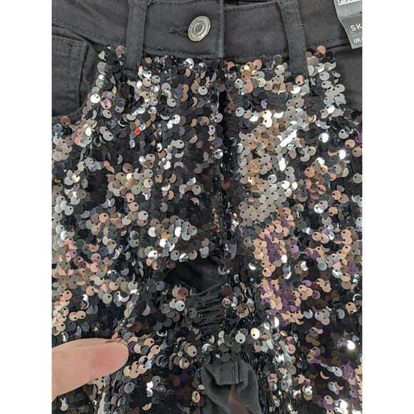Parisian Sequin Jeans Womens 2 Black Silver Skinny Concert Mid Rise Embellished - Picture 2 of 13
